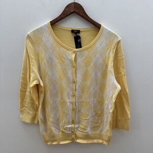 Talbots Women Argyle Cardigan Yellow Buttoned Preppy Academia Sweater Size L/P